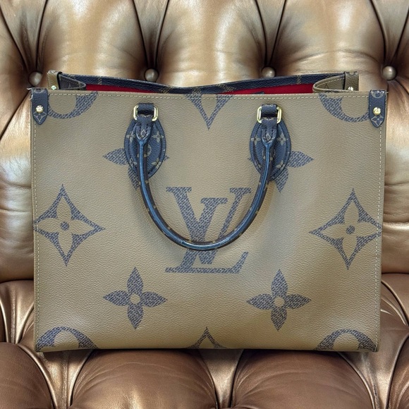 Louis Vuitton On-The-Go Tote Giant Brown Monogram hand bag Reverse Leather Dust - Picture 1 of 14